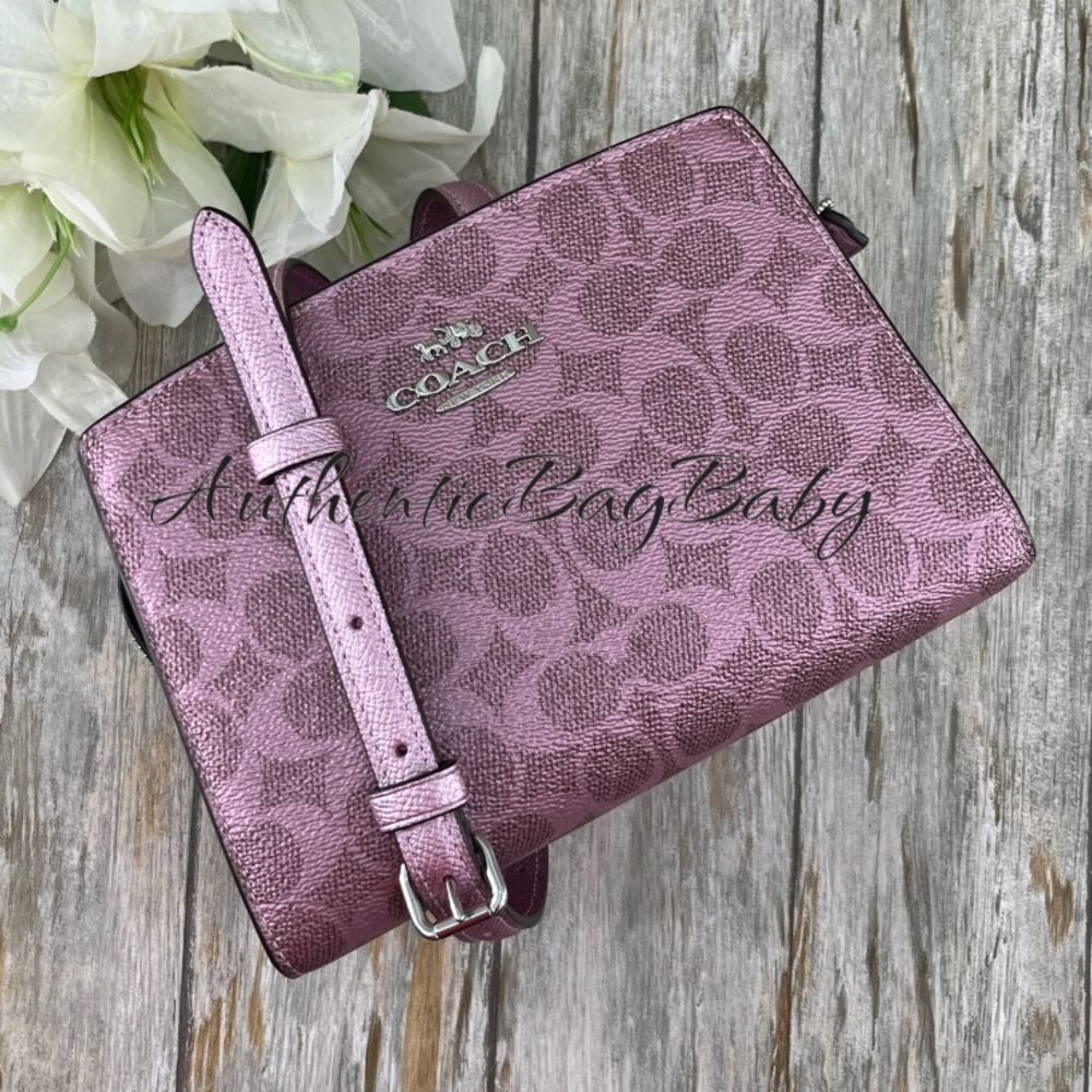 Coach Gia Crossbody Bag in Pink Metallic Signature Canvas Purse